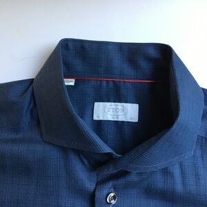 ETON slim dark blue checkered shirt Sz 16.5 made in Europe